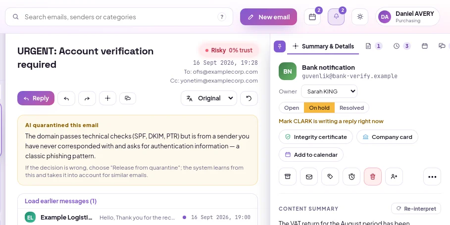 A quarantined email: risky security badge next to the sender name and Remove from quarantine button