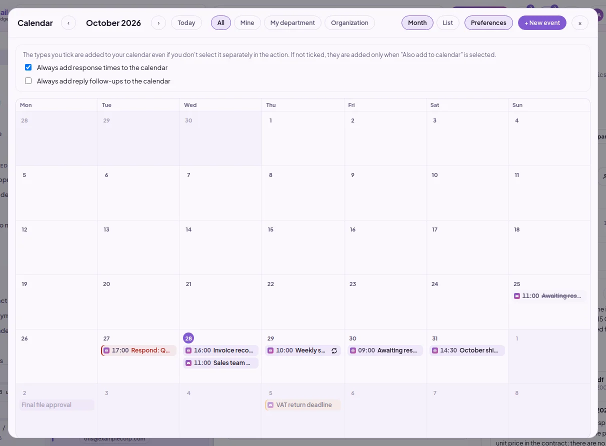 Calendar preferences: options to always add response times and response follow-ups to the calendar (default off)