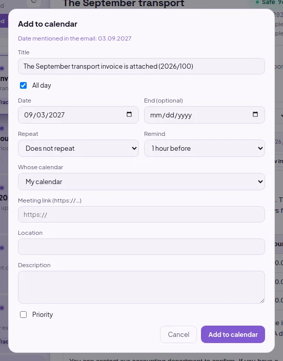 Adding to the calendar from an email: the title is the email's subject, the date is suggested from the date mentioned in the email; recurrence, reminder and meeting link