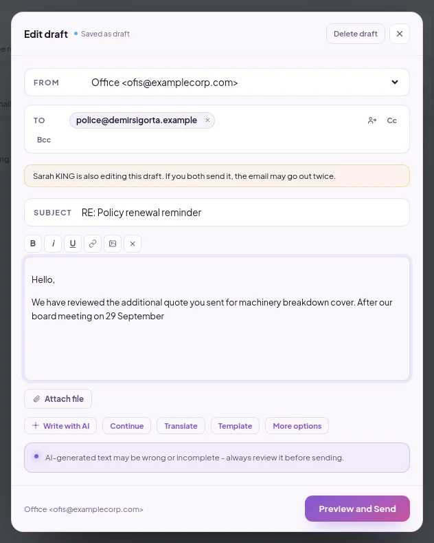 Shared draft conflict warning: banner indicating that another user is also editing the draft
