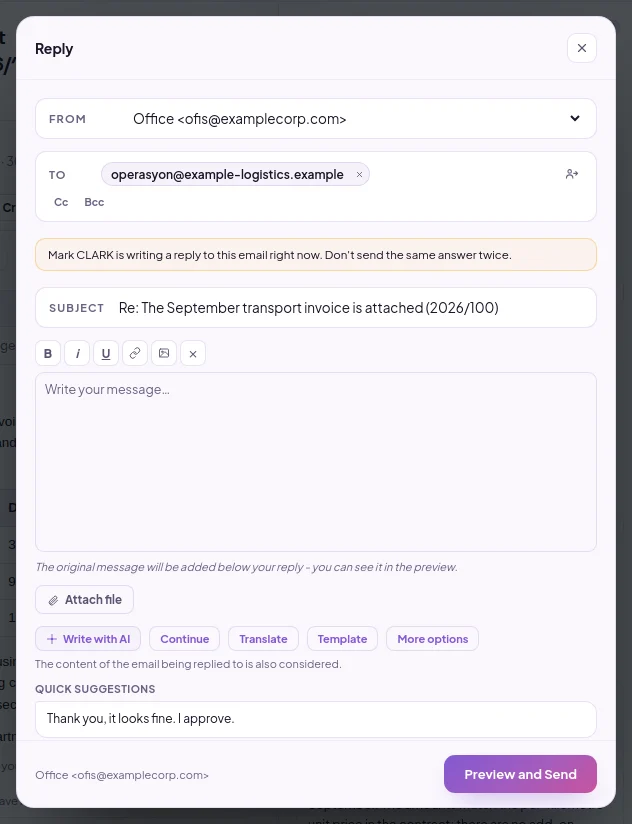 While replying to an email, AI writing panel: ready-made response suggestions generated by AI