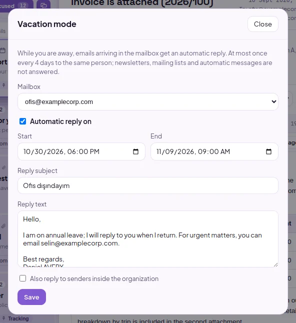 Holiday mode: mailbox selection, date range, reply subject and body, option to also reply within the organization