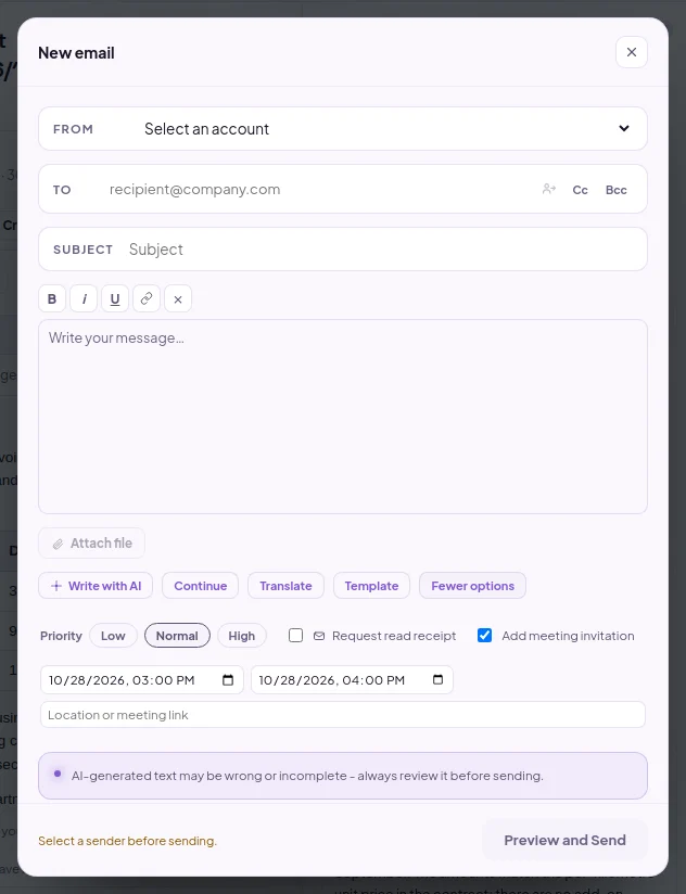 Add meeting invitation in the new email window: start, end and location fields