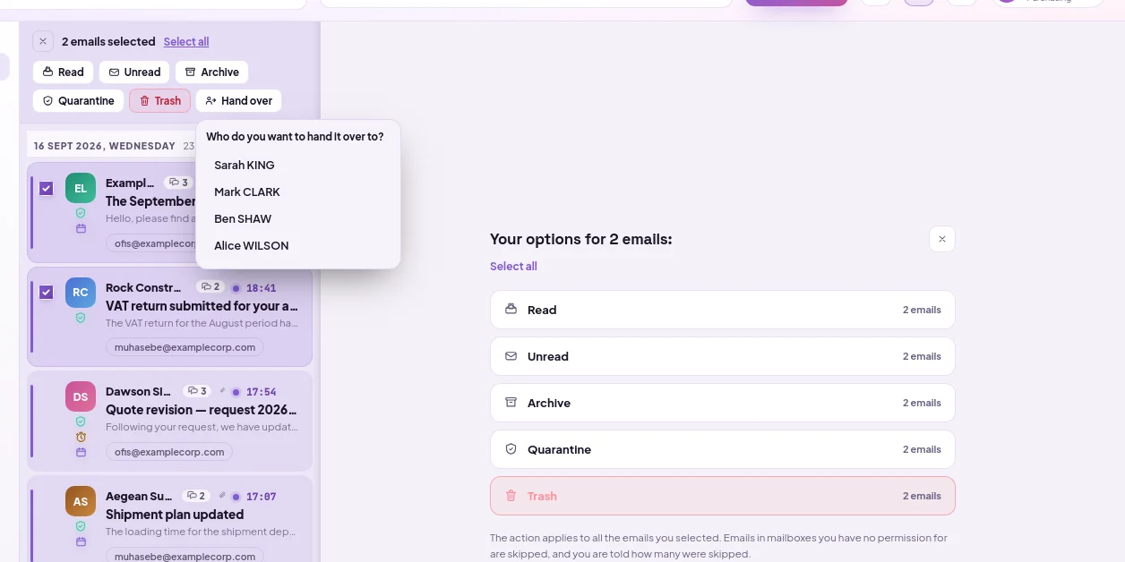 Bulk reassign: change the owner of selected emails at once