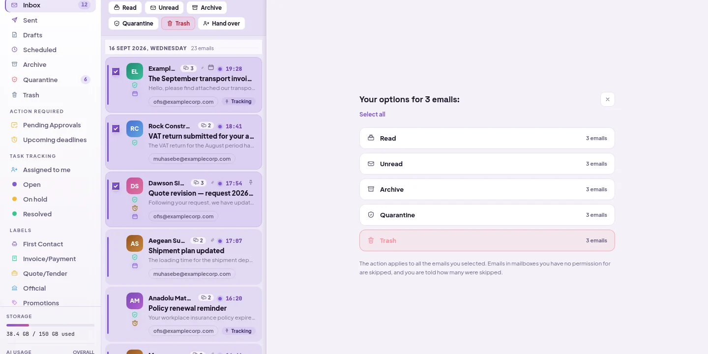 The bulk actions panel that opens when multiple mails are selected: read, archive, trash, quarantine