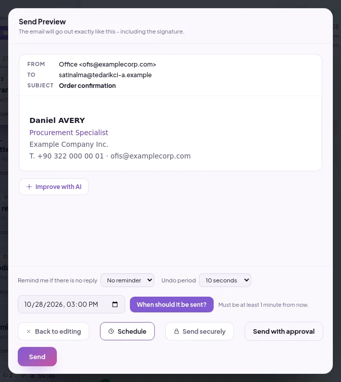 Schedule in the sending preview: send date and time selection