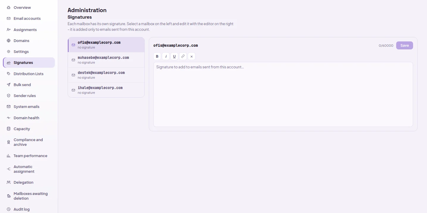 Signatures screen: mailboxes on the left, the signature editor for the selected mailbox and the Save button on the right