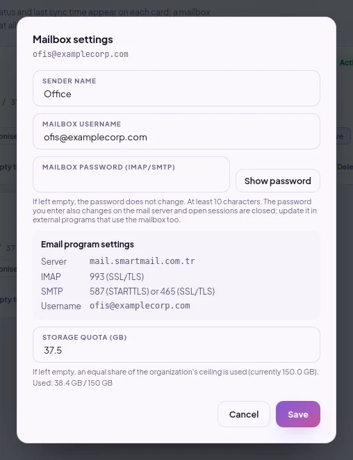 Mailbox settings window: sender name, mailbox username, password, storage quota