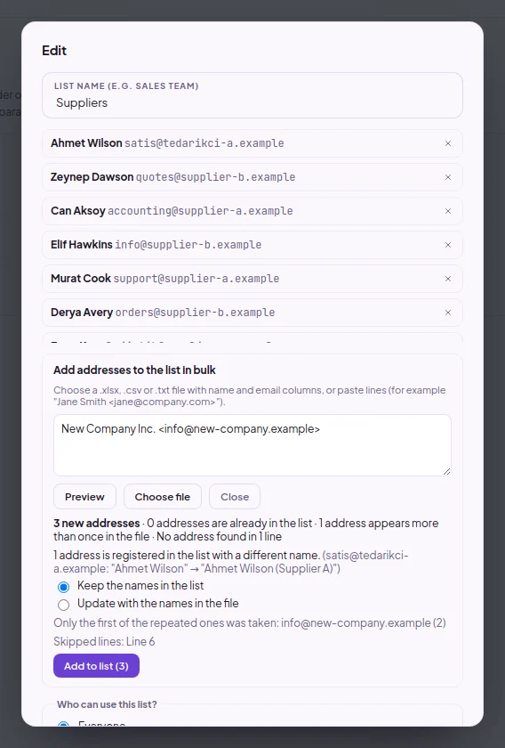 Import to list preview: number of new addresses, those already in the list, duplicates in the file, rows with no address found, and the Add to list button