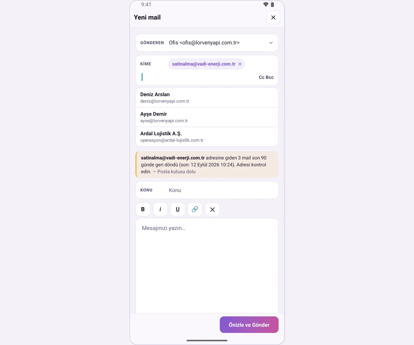 Bounce address warning on the compose screen