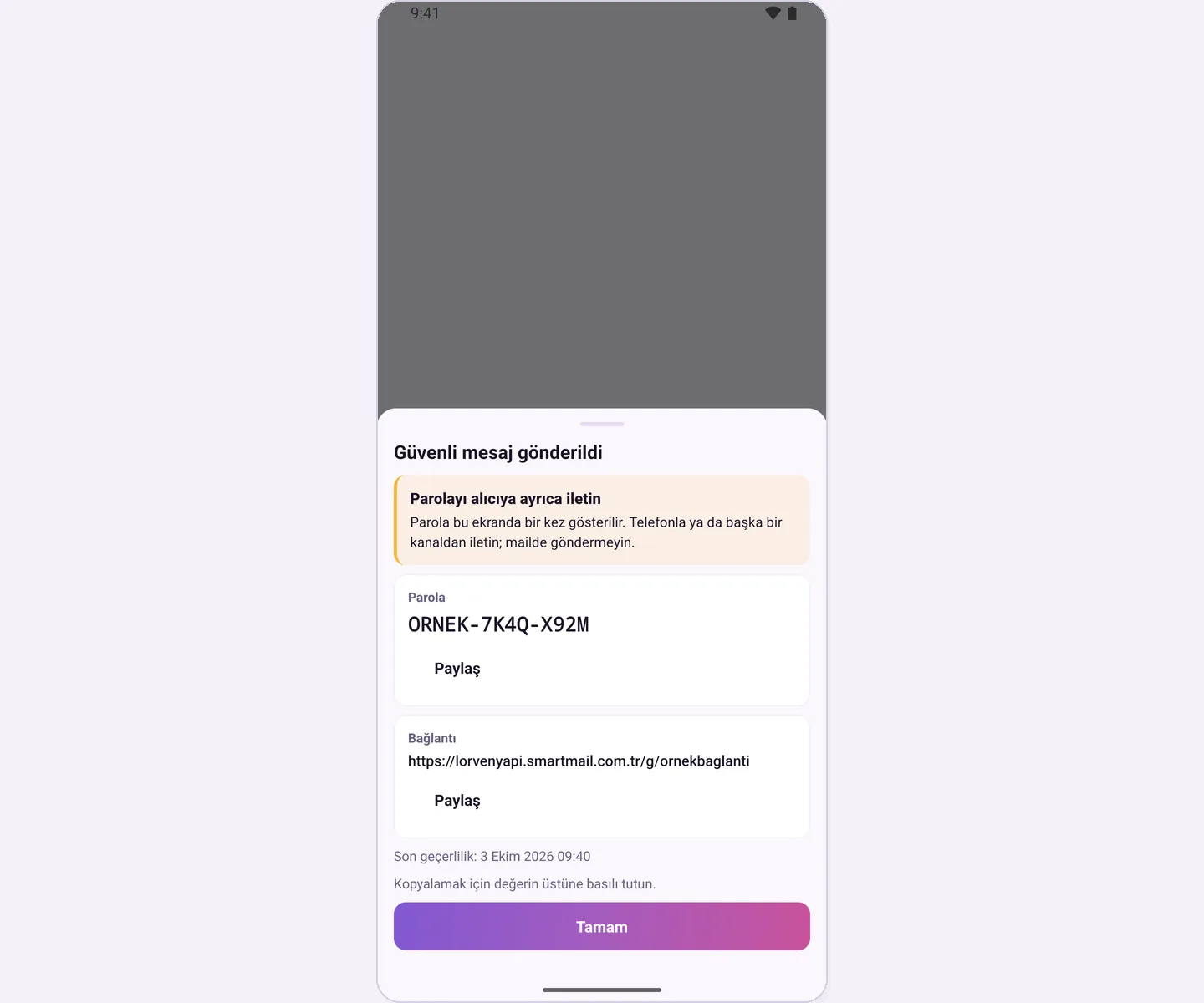 Secure message sent: password, link and expiry