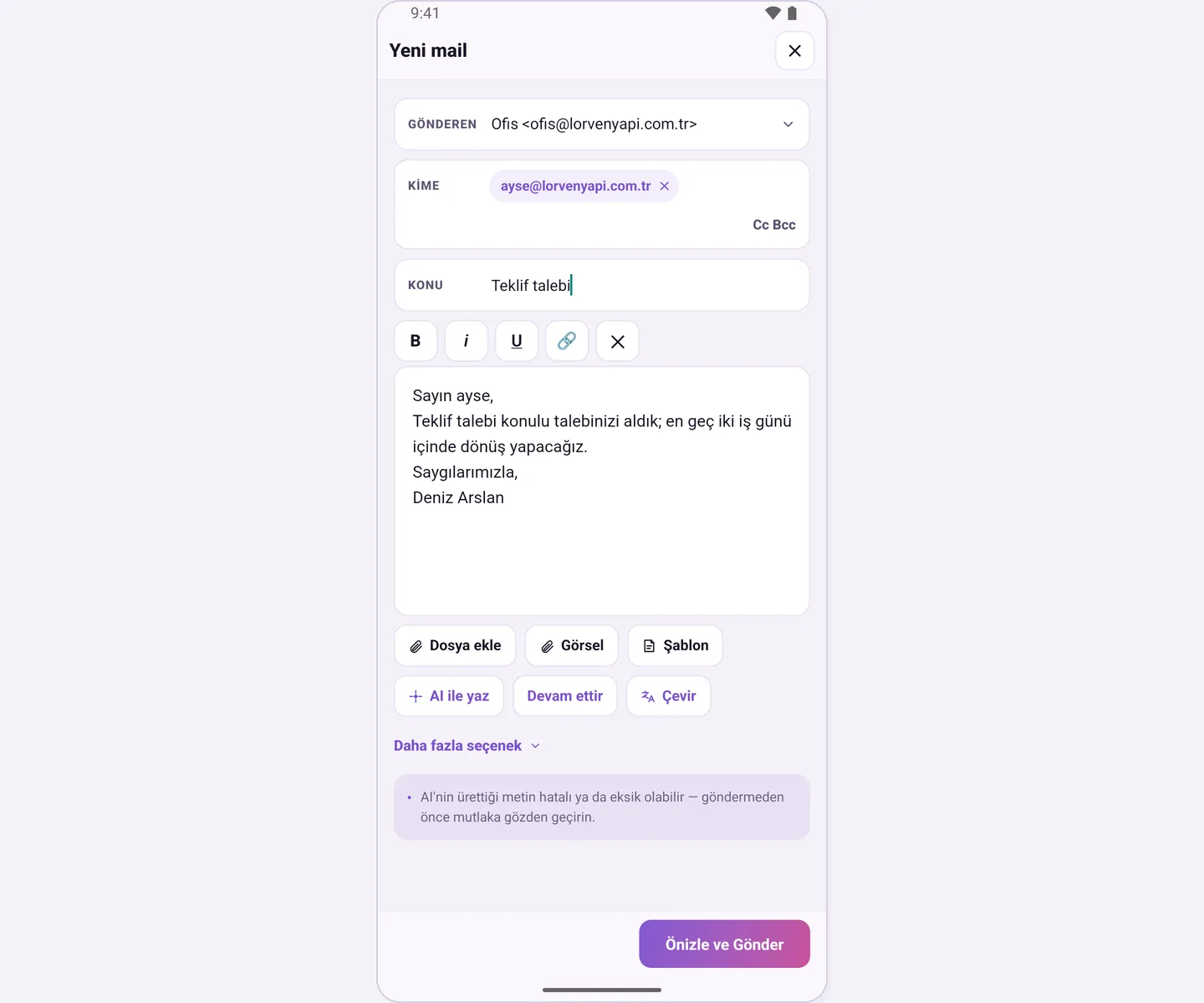 Compose screen after a template is added: recipient name, subject and sender name are filled in