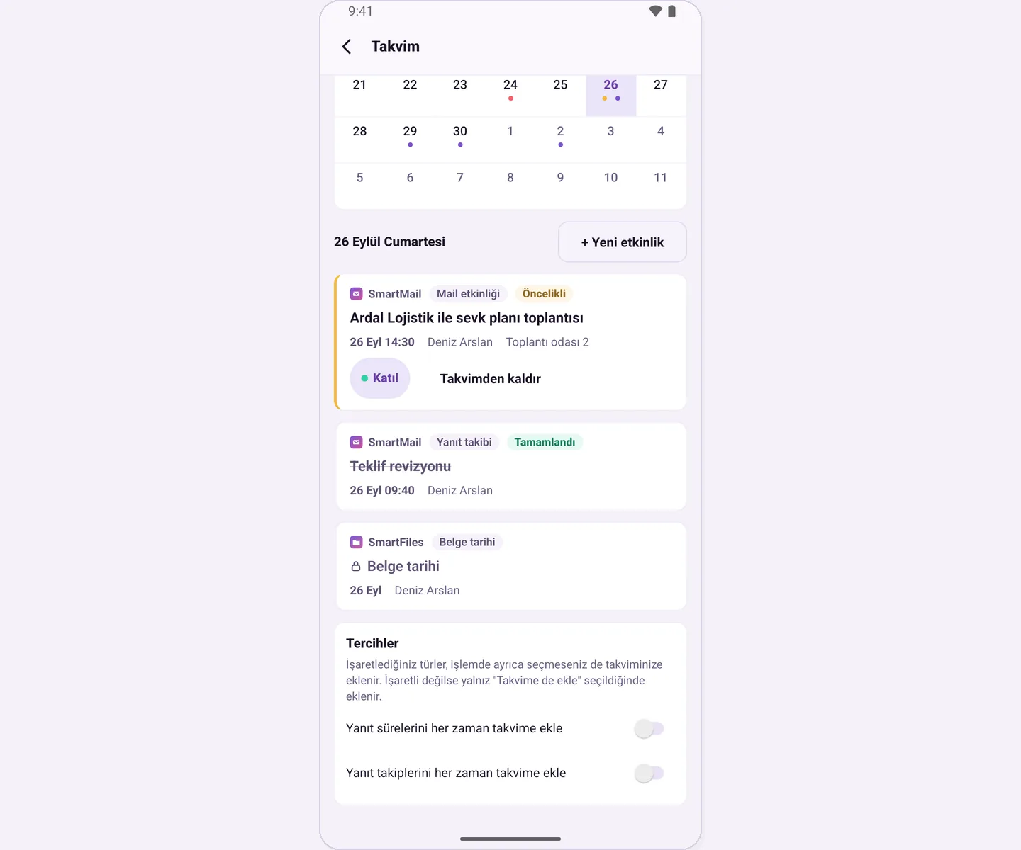 Preferences card on the Calendar screen: always add toggles for response times and follow-ups