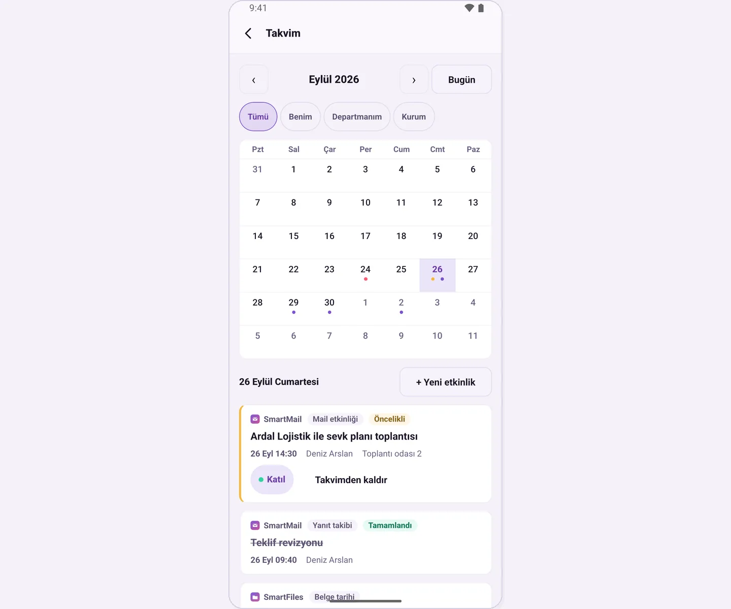 Calendar: month grid, filters and items for the selected day