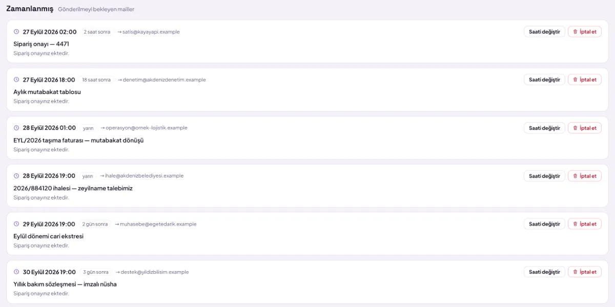 Scheduled emails list: emails awaiting their sending time and the cancel option