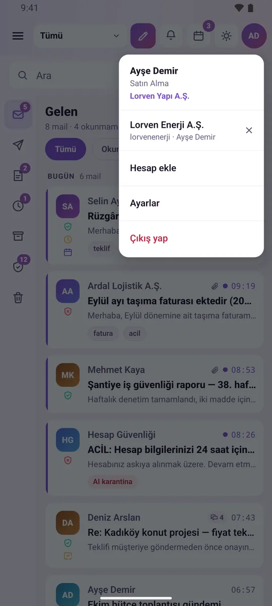 Profile menu in the mobile app: active company and a second company account switched to with one tap