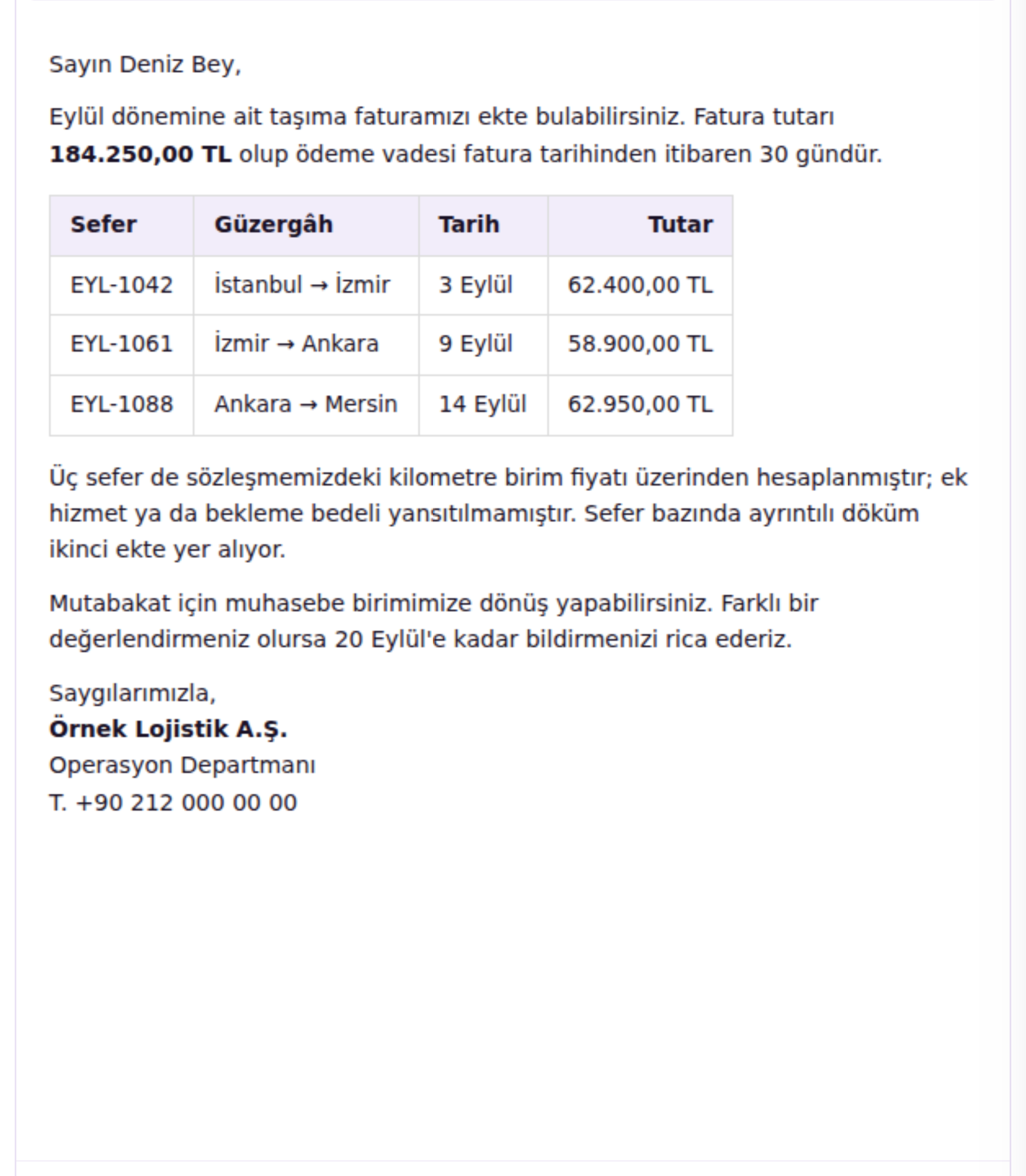 Mail okuyucusunda biçimlendirilmiş bir fatura maili ve tablosu