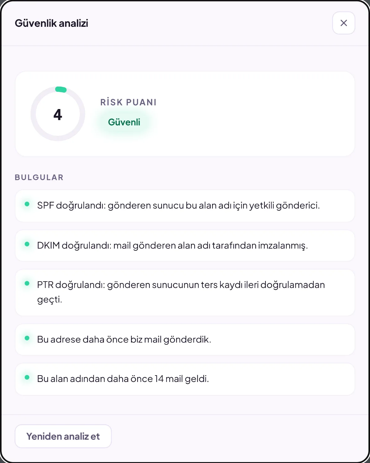 Güvenli bir mailin analizi: yüksek güven yüzdesi, geçen protokol kontrolleri ve olumlu bulgular