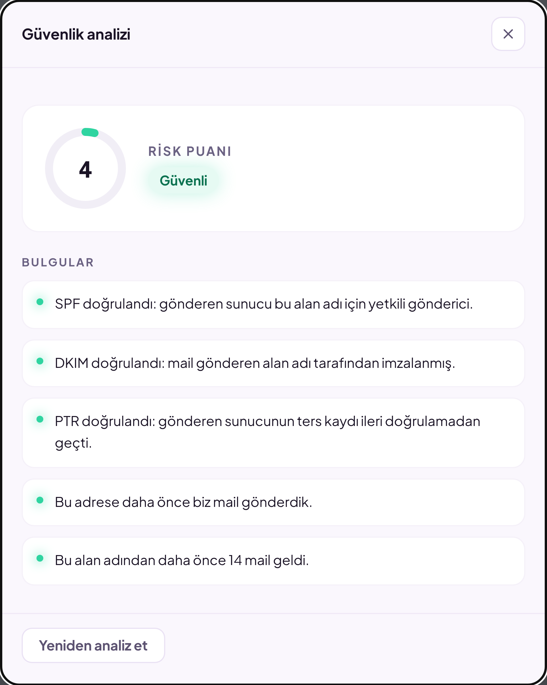 Güvenli bir mailin analizi: yüksek güven yüzdesi, geçen protokol kontrolleri ve olumlu bulgular