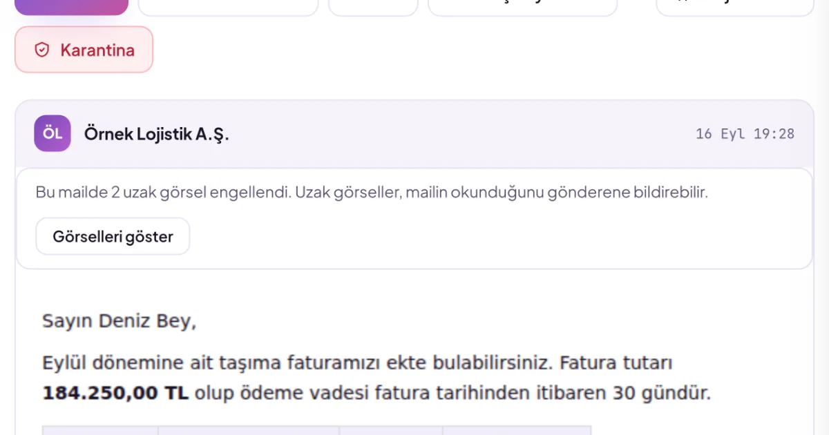 Mail okuyucusunda uzak görsellerin engellendiğini bildiren şerit ve görselleri göster düğmesi