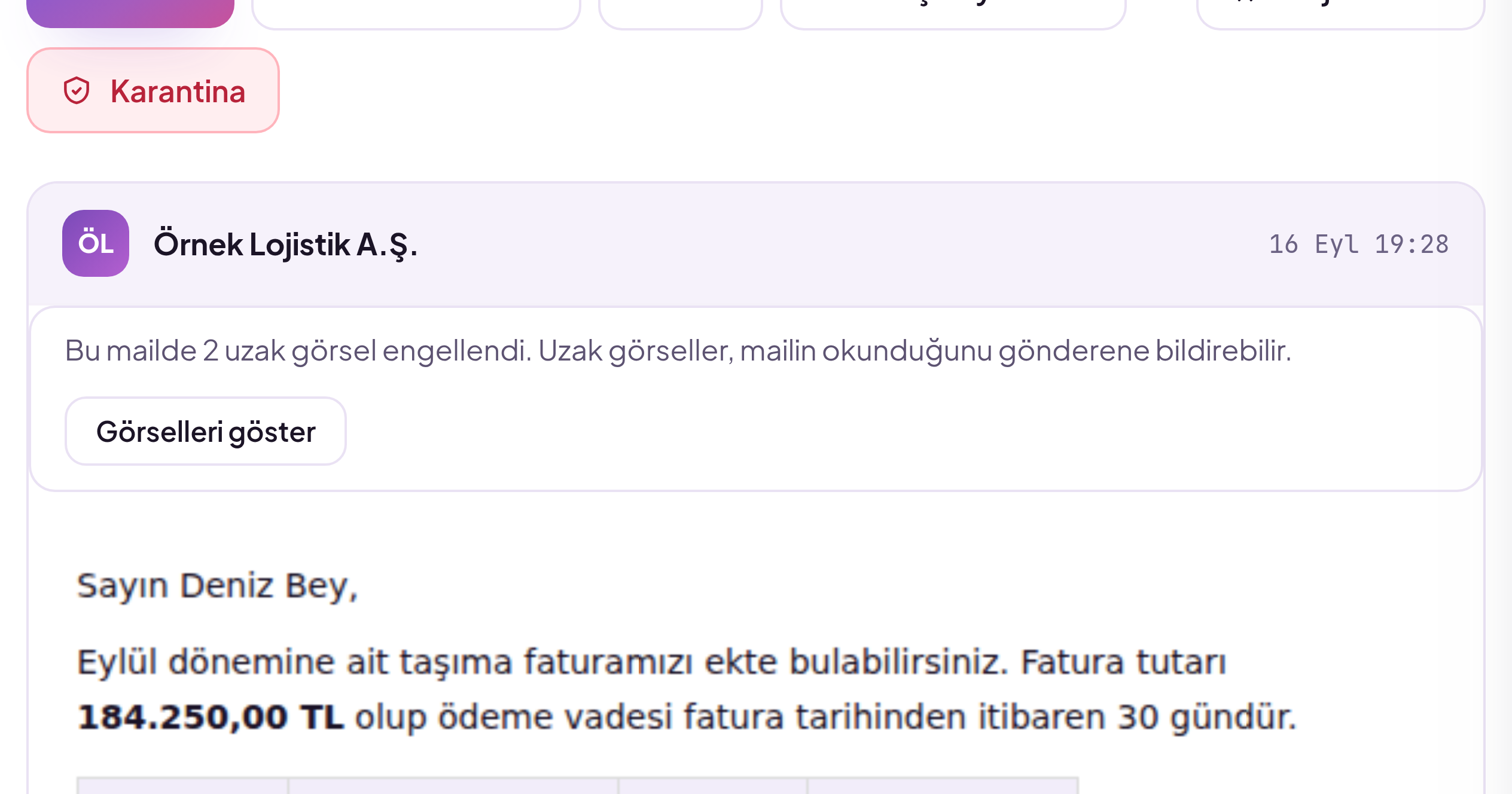 Mail okuyucusunda uzak görsellerin engellendiğini bildiren şerit ve görselleri göster düğmesi