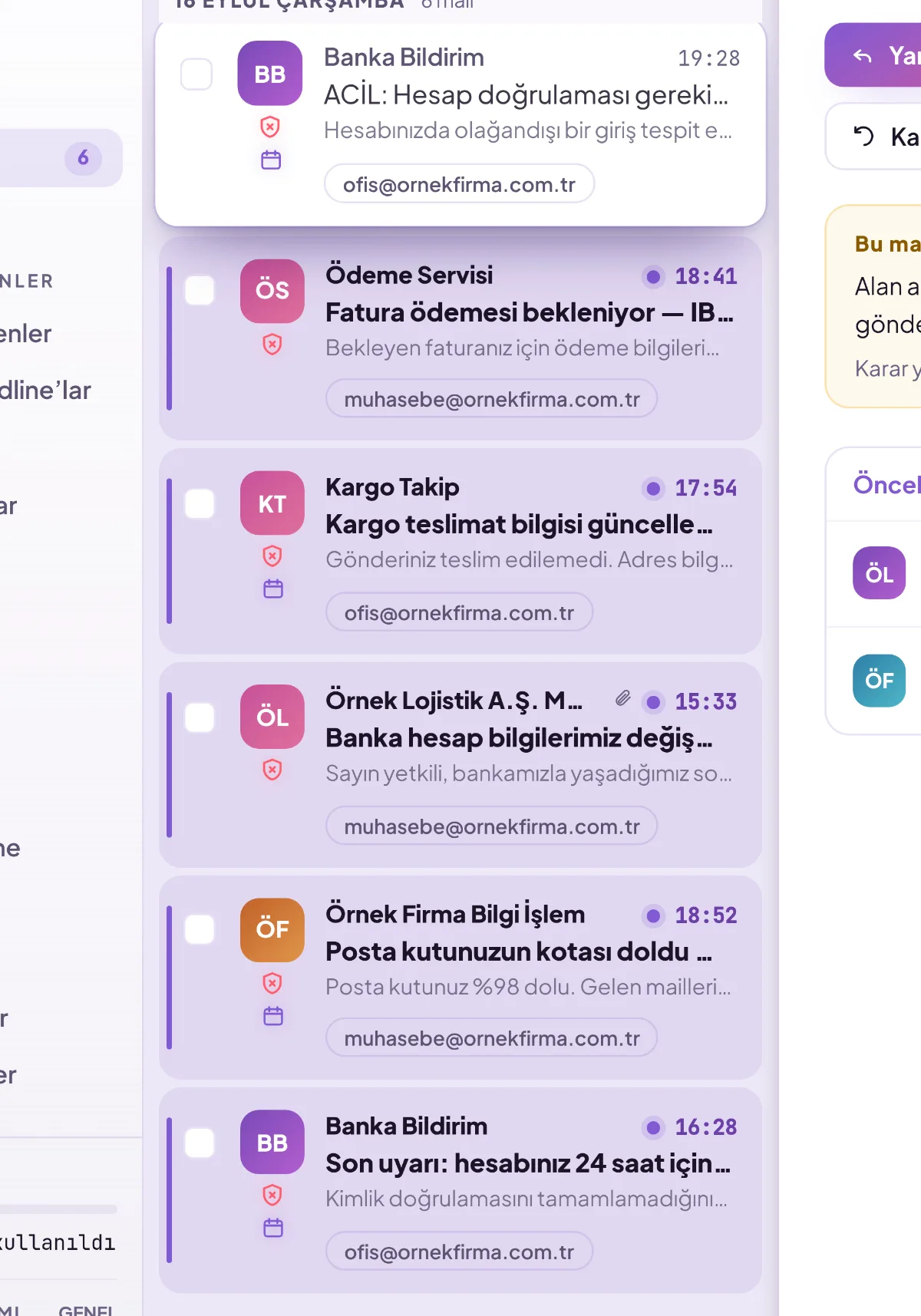 Karantinadaki mailler listesi: her satırda gönderen, konu ve karantinaya alınma gerekçesi