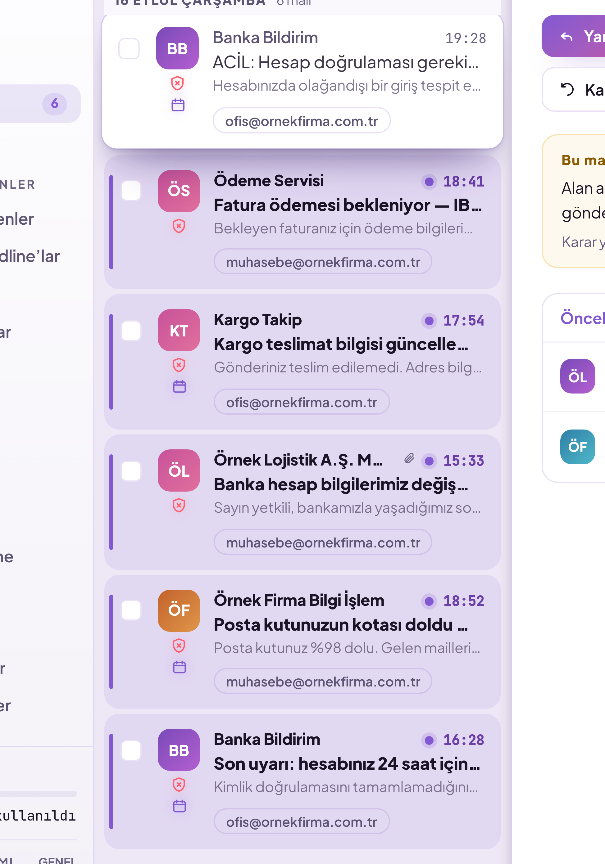 Karantinadaki mailler listesi: her satırda gönderen, konu ve karantinaya alınma gerekçesi