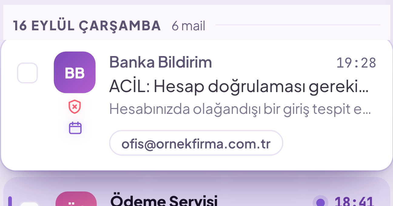 Kimlik avı maili ve analizi: yüksek risk puanı, tetiklenen sinyaller ve puanın insan diliyle gerekçesi