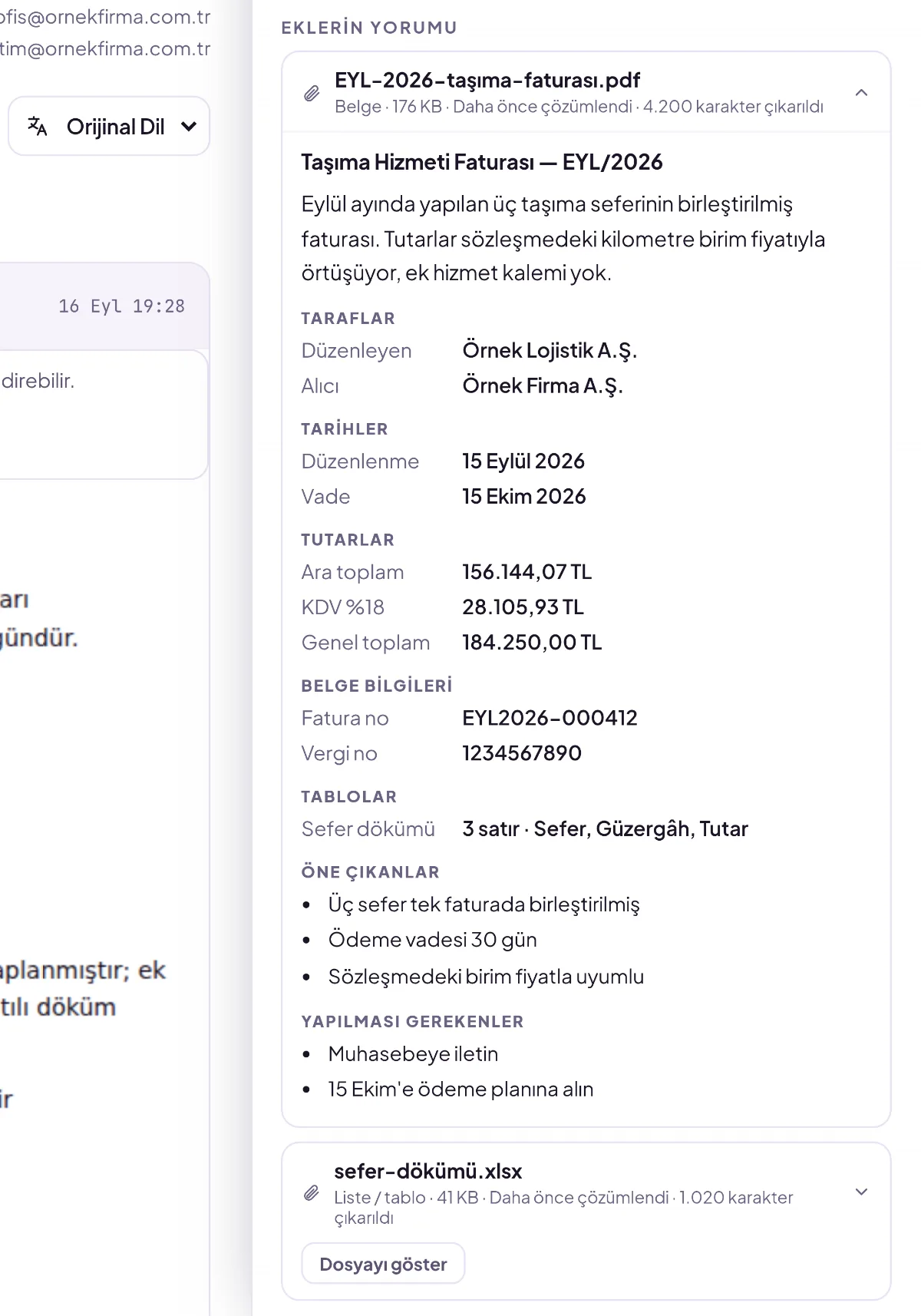 Eklerin yorumu: fatura PDF'inin özeti, tarafları, tarihleri, tutarları ve tablo dökümü