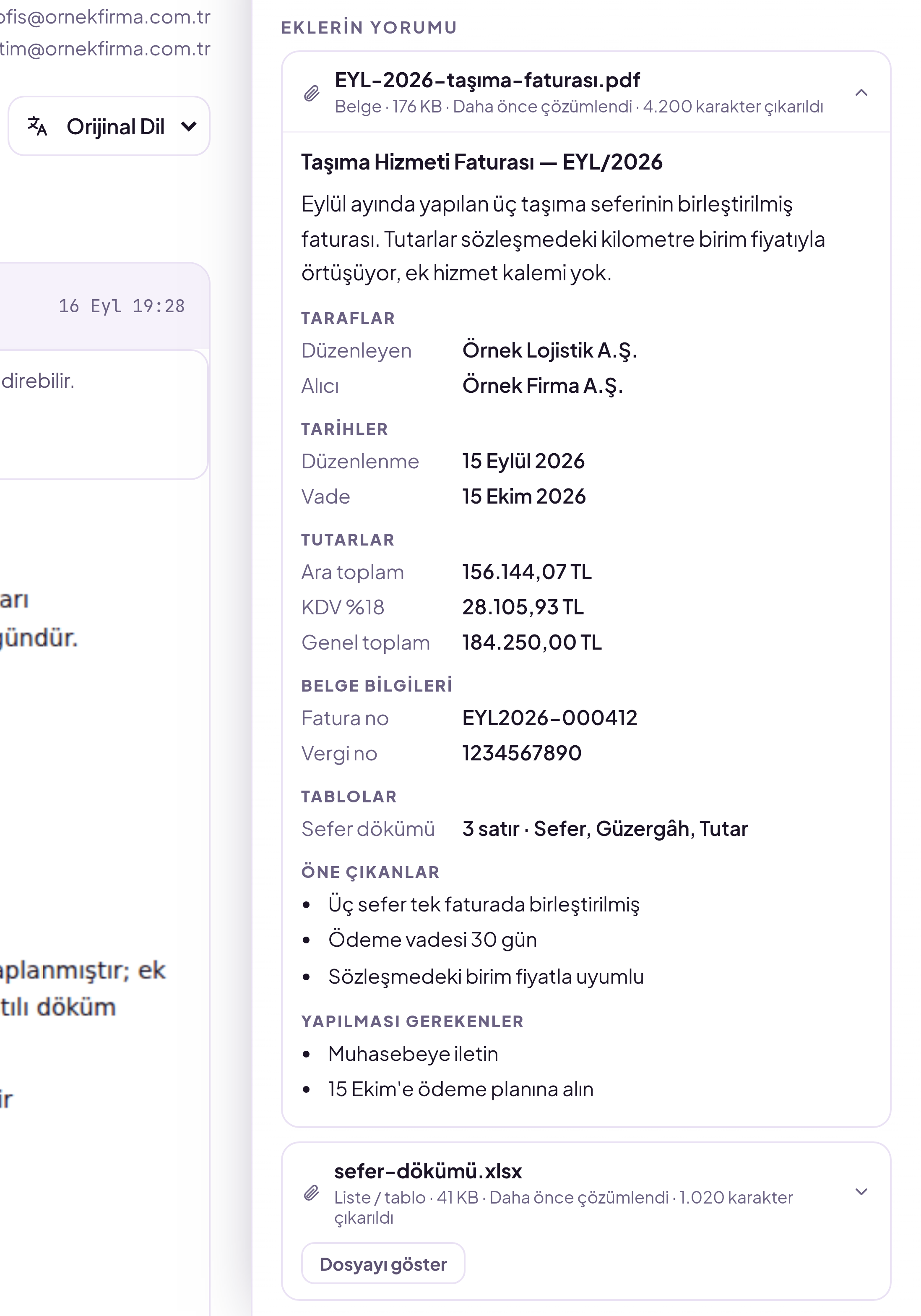 Eklerin yorumu: fatura PDF'inin özeti, tarafları, tarihleri, tutarları ve tablo dökümü