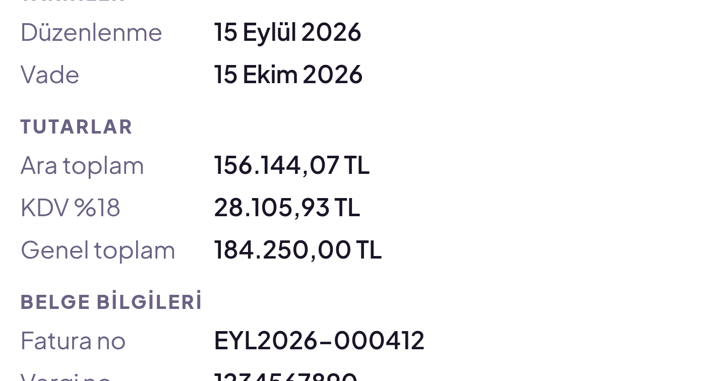 Ek kartındaki tutar alanları: ara toplam, KDV ve genel toplam ayrı satırlarda