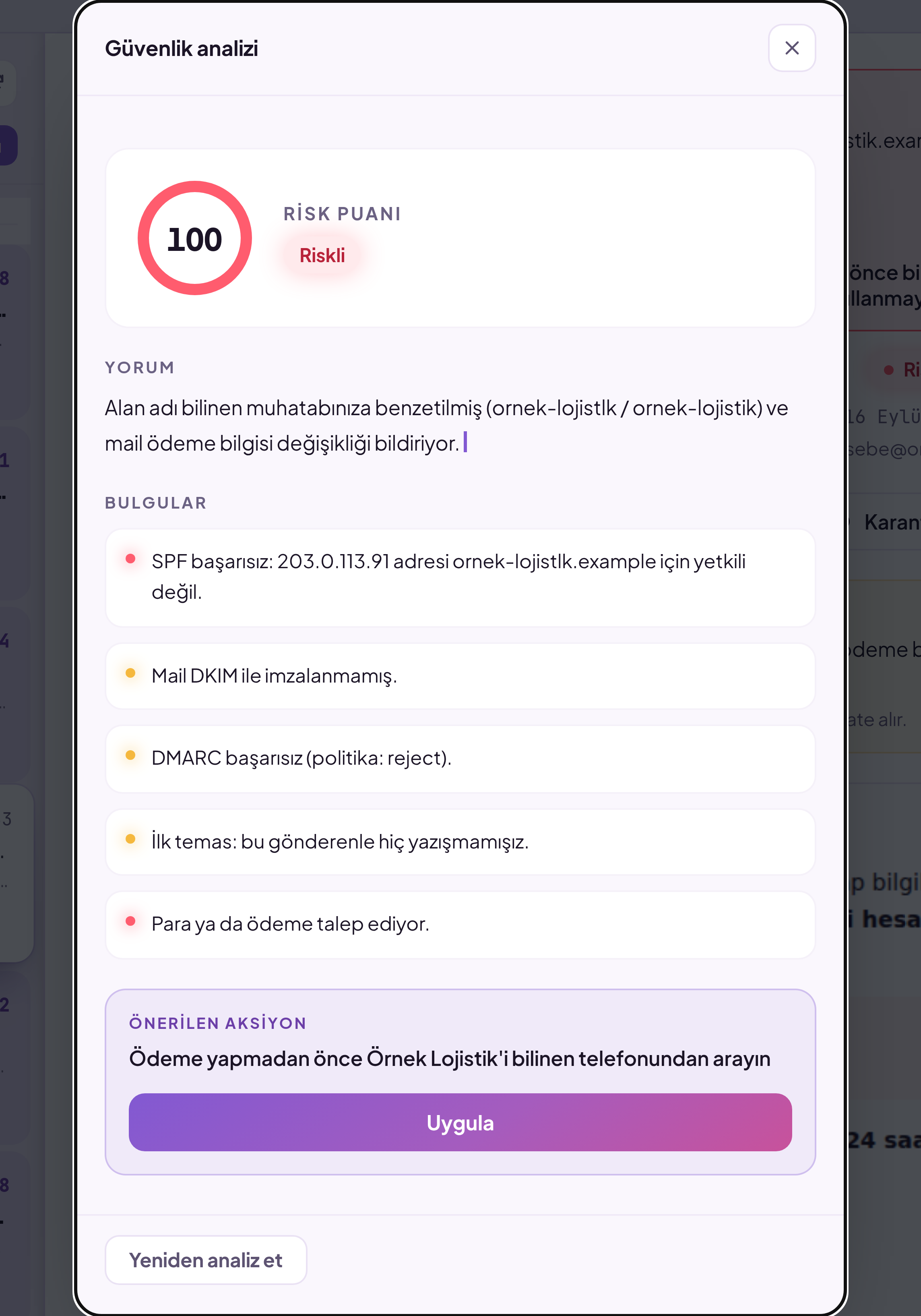 Riskli bir mailin analizi: 74 risk puanı, riskli etiketi ve benzer alan adı ile ödeme değişikliği bulguları