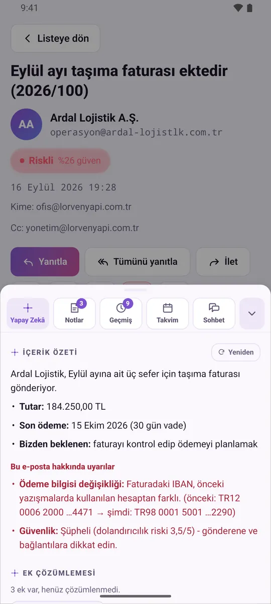 Mobil uygulamada yapay zekâ paneli: tutar, vade ve IBAN farkını içeren özet ve ek çözümlemesi