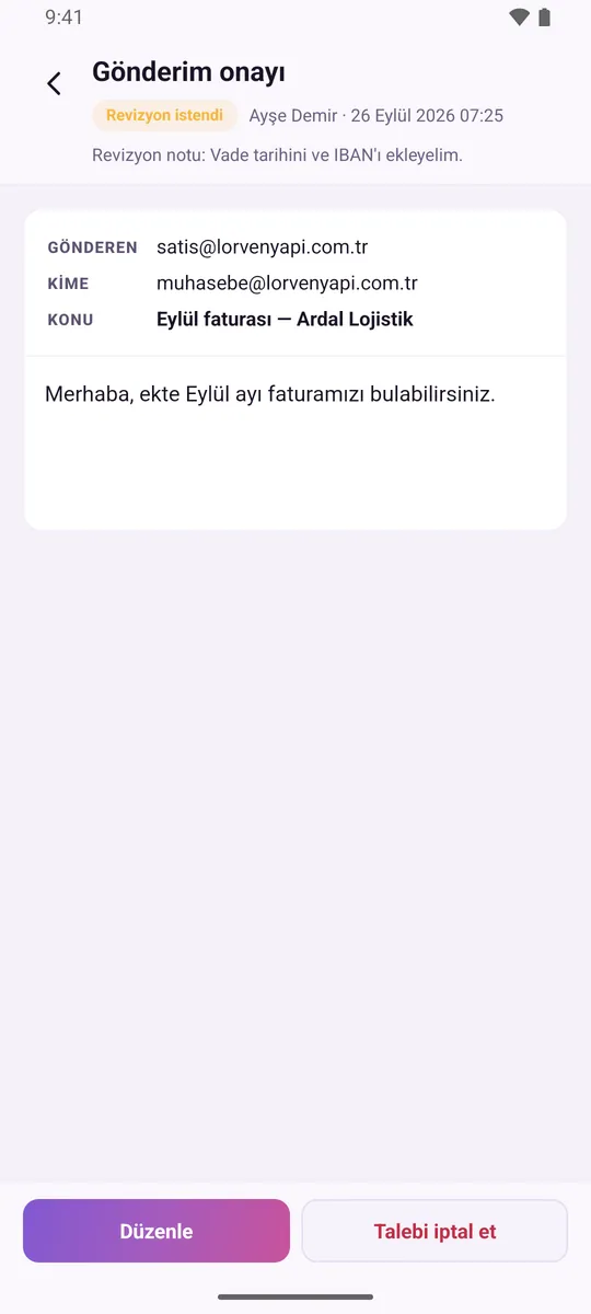 Mobil uygulamada revizyon istenmiş bir onay talebi ve onaylayıcının notu
