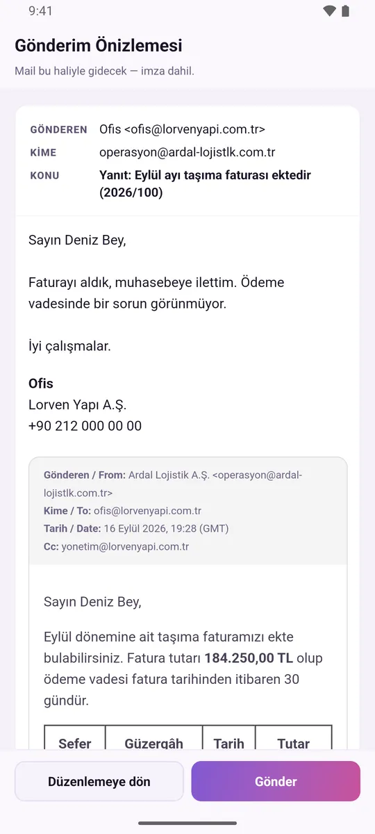 Mobil uygulamada gönderim önizlemesi: gövde, imza ve alıntılanan mail